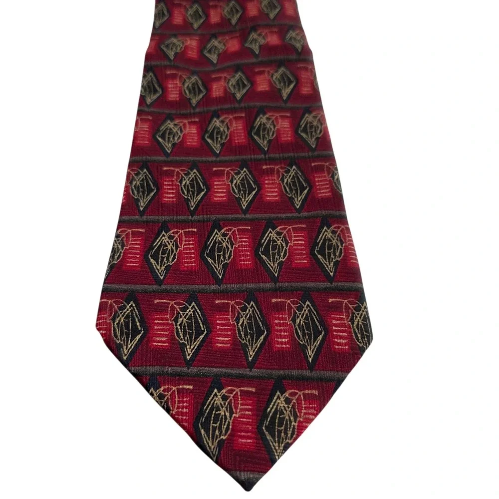 J.Z. Richards Silk‎ Geometric Pattern Tie Red Gold Hand Crafted USA Necktie